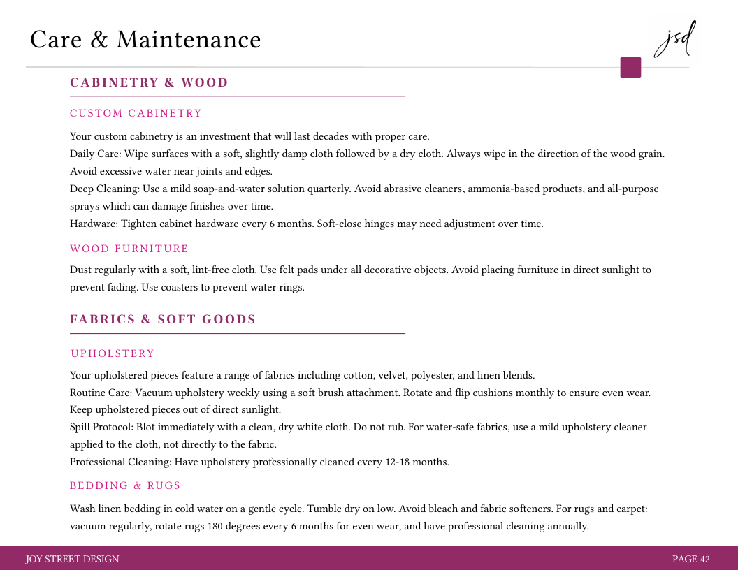 Sanitized care and maintenance page