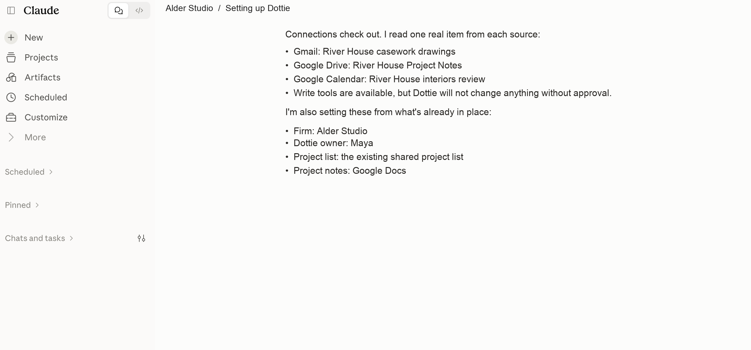 Dottie confirming access to project sources inside Claude