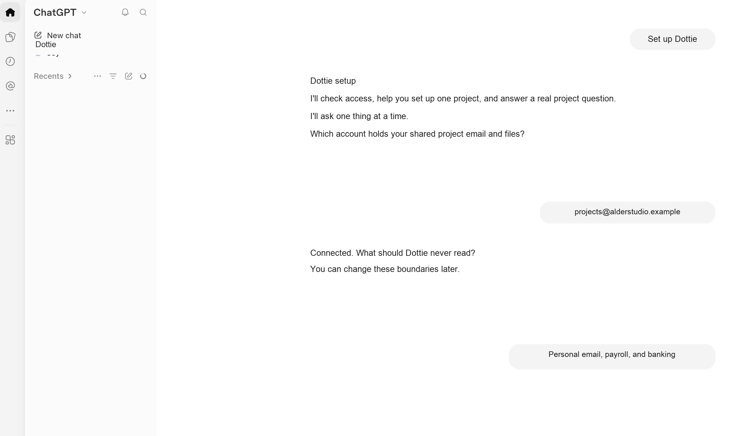 Dottie guided setup inside ChatGPT