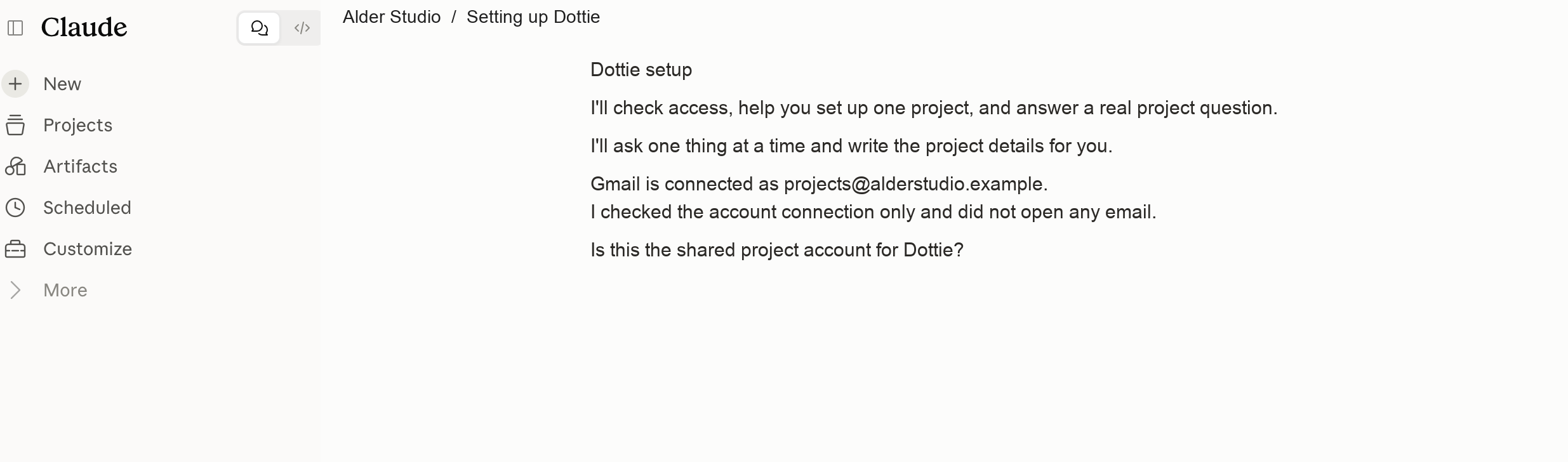 Dottie guided setup inside Claude